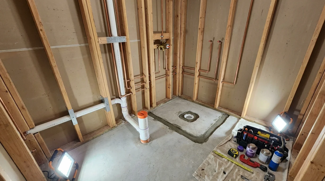 Bathroom rough-in plumbing during remodel by Johns Plumbing LLC in Seymour