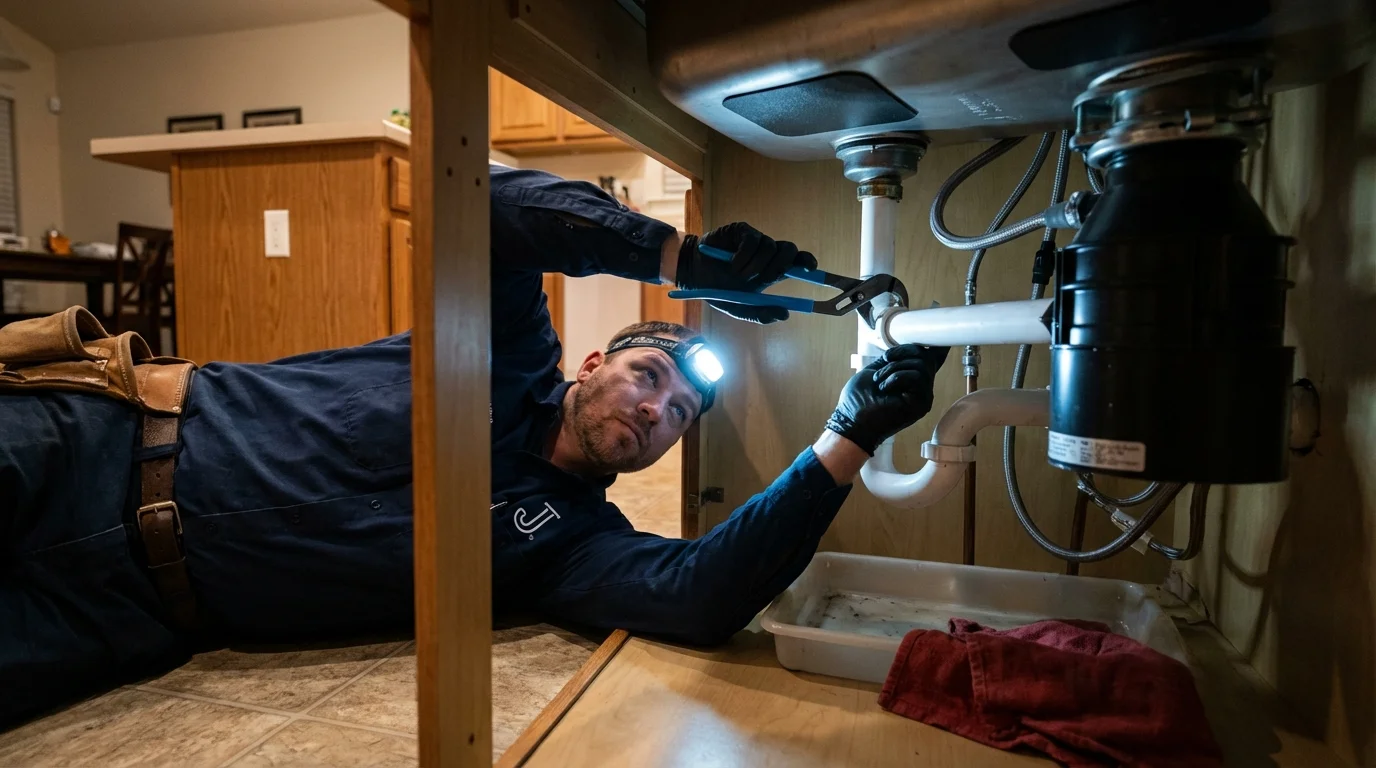 P-trap and supply line connections under a kitchen sink showing a common leak point in Seymour, IN